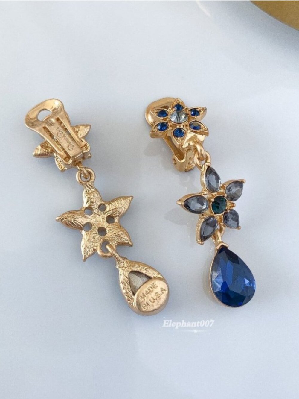 Oscar de la Renta Blue Crystal Floral Drop Earrings Gold Tone Statement - Picture 2 of 3